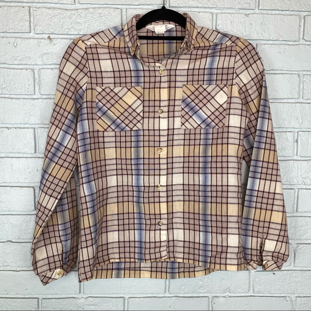 Vintage 1970s Plaid MJ Concepts in Sportswear Button Up Shirt Brown & Blue XS/S